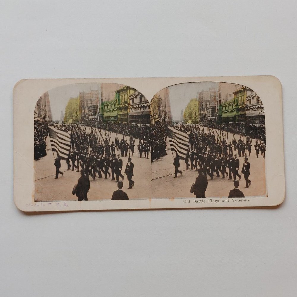 Antique Stereograph Card Battle Flags and Veterans Parade